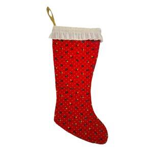 Vintage Handmade Velvet Christmas Stocking Red Floral w/ Lace Trim 18”
